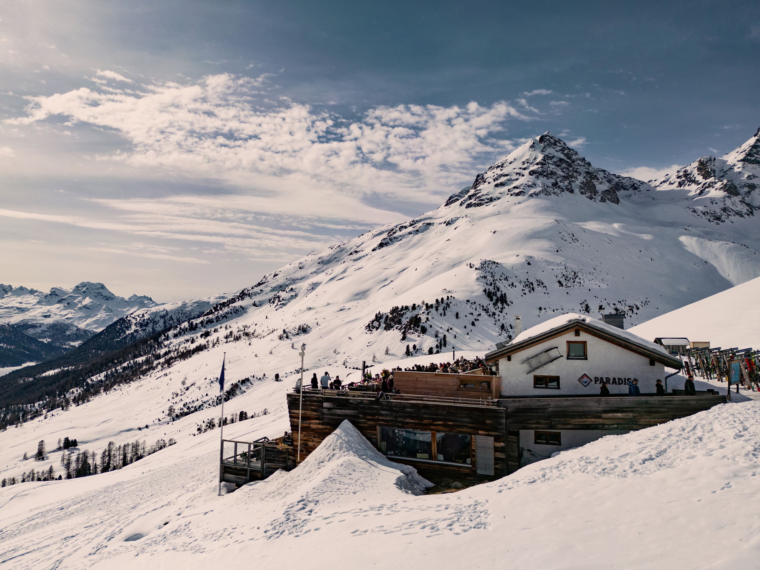 Badrutts Palace Food And Beverage Restaurants Clubs Paradiso Mountain Club Exterior Mountain View Snow Winter