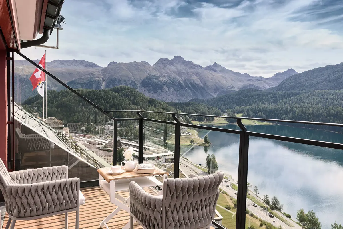 Badrutt's Palace - Balcony overlooking Lake St. Moritz in summer