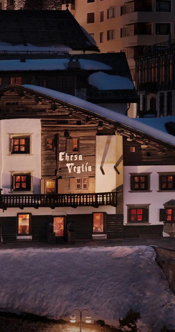 Badrutts Palace Food And Beverage Restaraurants Chesa Veglia Carigiet Fondue Stuebli Exterior Buidling Farmhouse Snow Winter