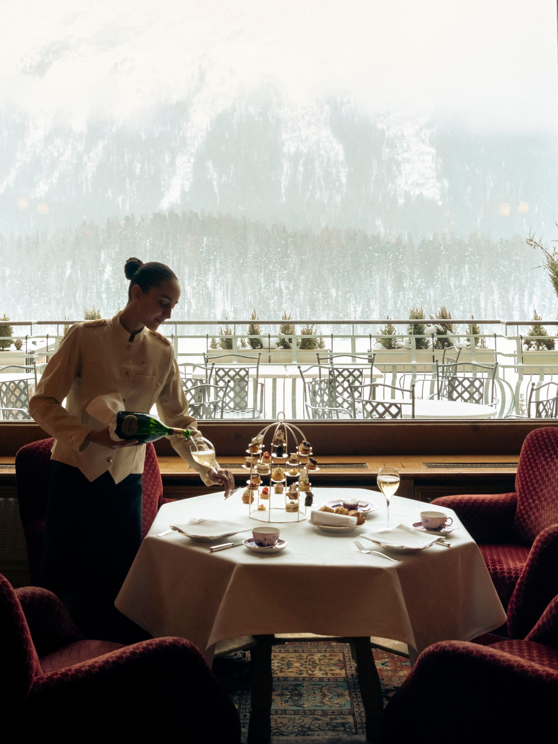 Badrutts Palace Food And Beverage A Perfect Day Le Grand Hall Afternoon Tea Waitress Mountain View