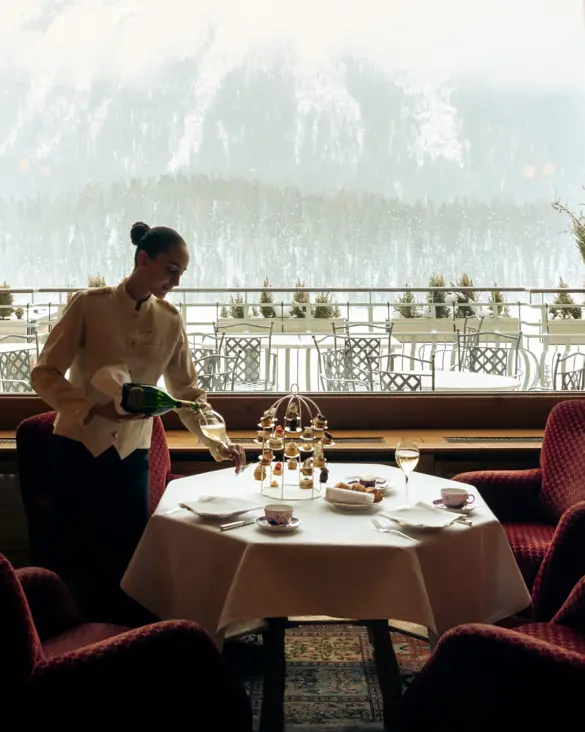 Badrutts Palace Food And Beverage A Perfect Day Le Grand Hall Afternoon Tea Waitress Mountain View