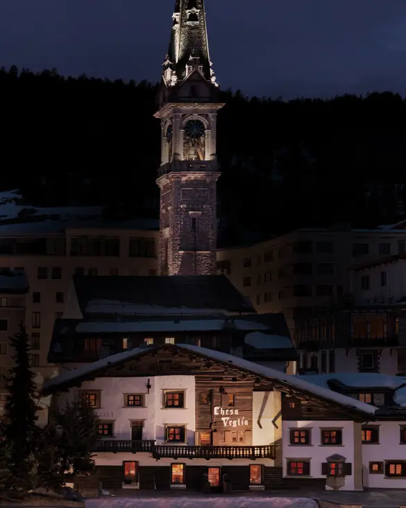 Badrutts Palace Food And Beverage Restaurants Chesa Veglia Patrizier Stuben Building Nightview Winter Snow