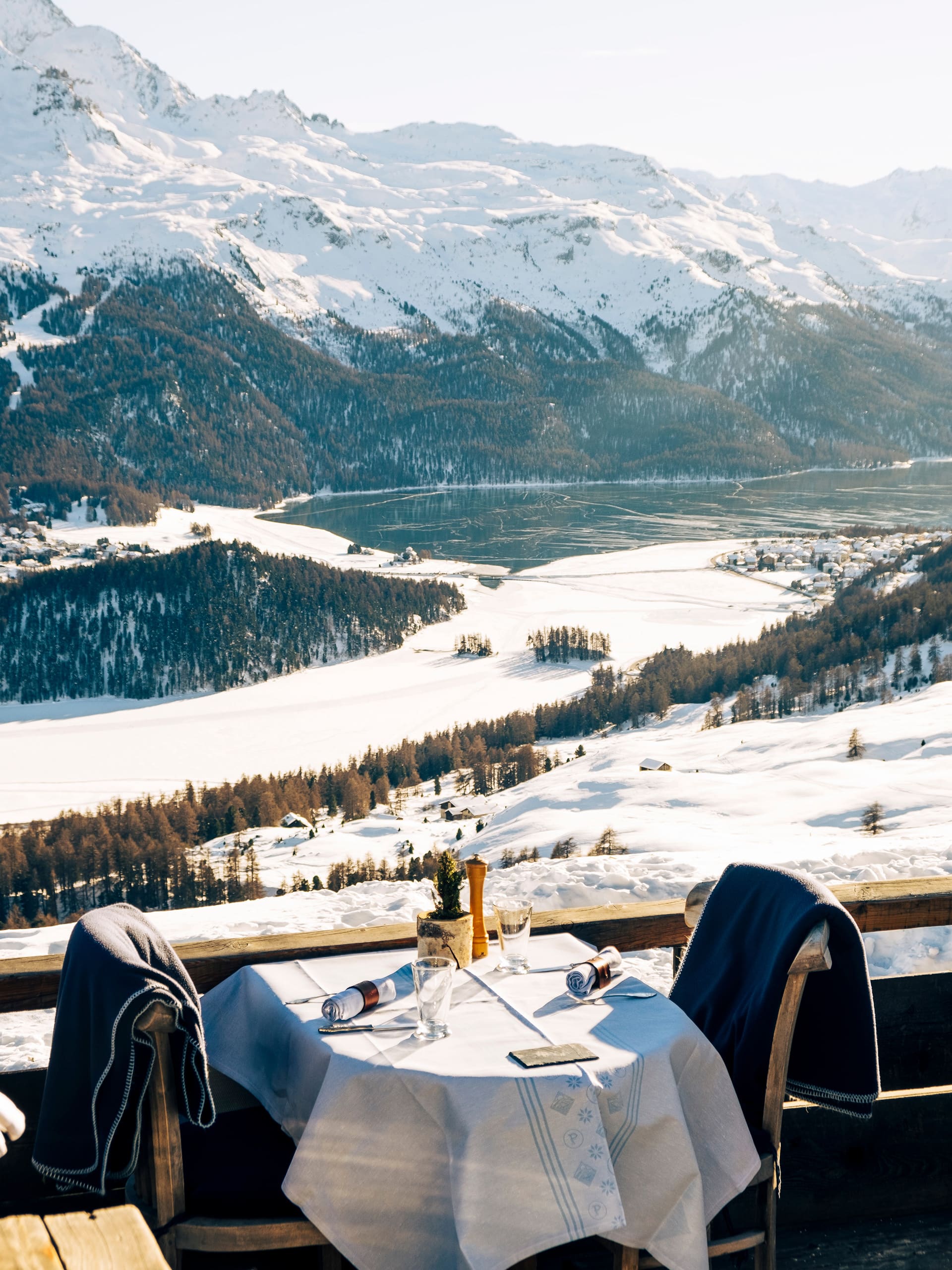 Badrutts Palace Food And Beverage Restaurants Clubs Paradiso Mountain Club Outdoor Table Setting Mountain Lake View Snow