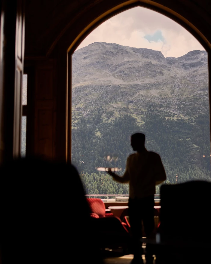 Badrutts Palace Food And Beverage Restaurants Le Grand Hall Interior Window Mountain View